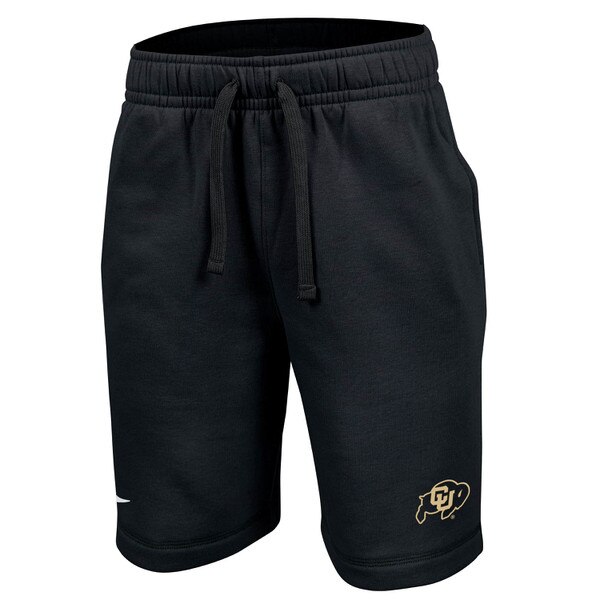 A pair of simple black youth Nike shorts, The Right leg has a swoosh and the left leg has a CU Buffalo logo.